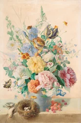 Großes Stillleben mit Tulpen, Rosen und Lilien